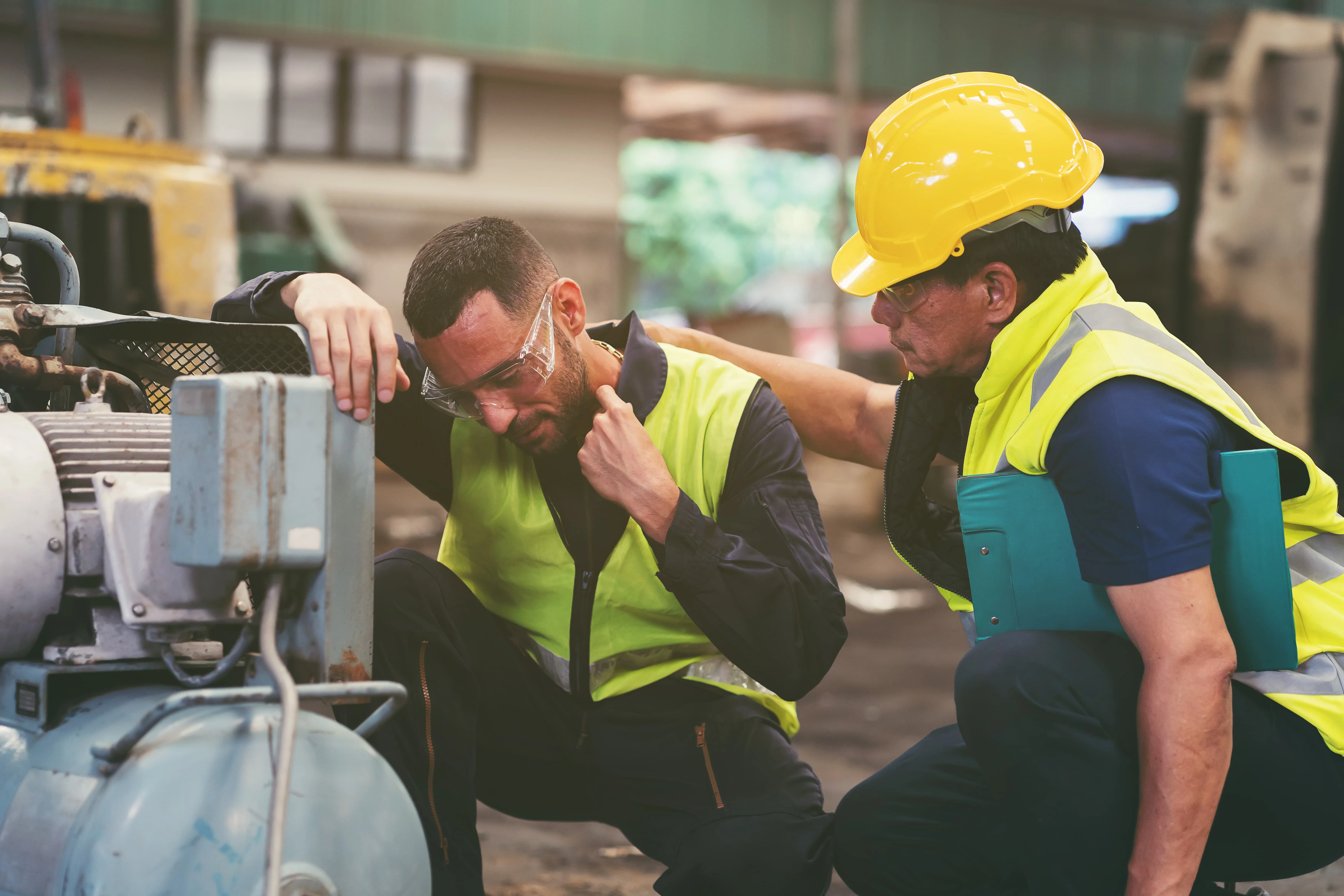 One construction worker holding his hand while another construction worker helps them. They are both wearing gloves, protective eyewear, and yellow hard hats. 