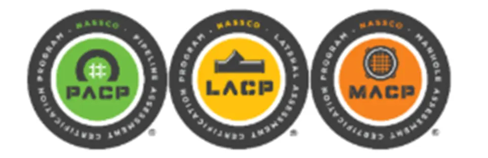 The three circular logos for the core NASSCO certifications: PACP in green & black, LACP in gold and black, and MACP in orange and black