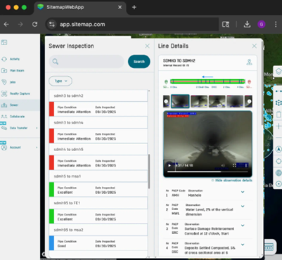 The sewer inspection panel, featuring pipe defects, PACP coding, thumbnails, pipeline video and more inside SiteMap