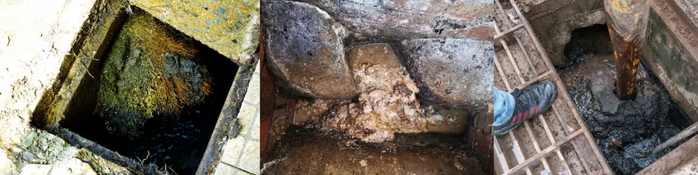three side by side color photos depicting a tree root infiltration, a sanitary sewer line clogged with wet wipes, and sediment clogging a storm sewer line