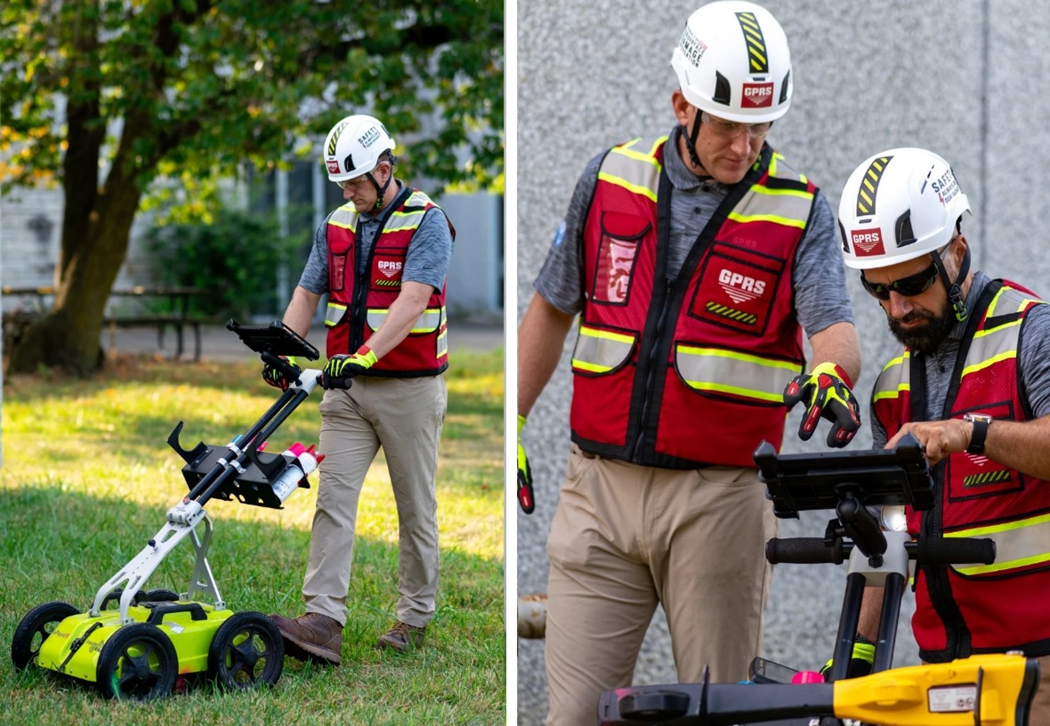 The photo on the left features a GPRS Project Manager wearing a red vest and helmet while pushing a GPR pushcart on a grassy field with trees in the background. The photo on the right features two GPRS Project Managers wearing red vests and helmets while looking at the tablet that shows the readings of the GPR scans.