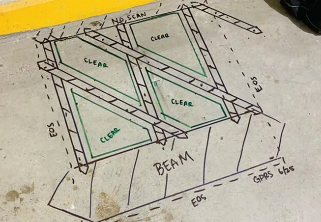 Black and green markings on a concrete slab. Black shapes with diagonal lines represent beams and rebar and the green shapes with the word “CLEAR” written in green as well represent an area that is clear of obstructions.