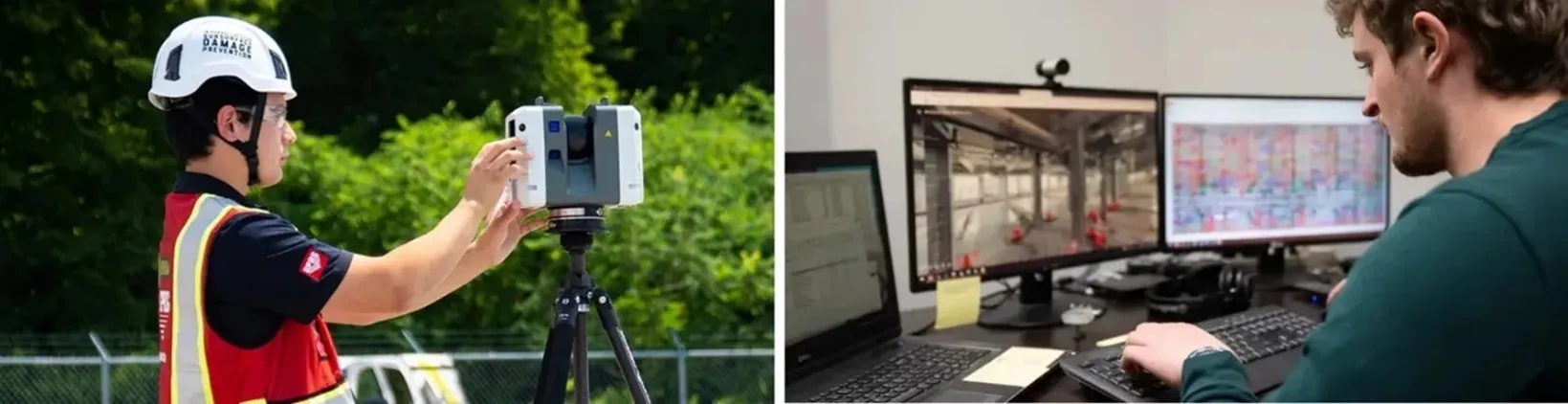 The photo on the left is a GPRS Project Manager wearing a red vest and helmet while operating a Leica 3D laser scanner.  The photo on the right is a Mapping & Modeling team member working on a virtual walkthrough on their computer. 