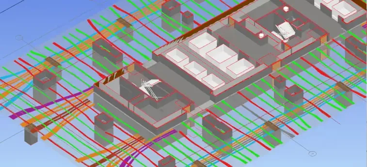 A 3D model of a concrete slab with grey boxes and rectangles representing the concrete and orange, green, purple, and red lines representing the post tension cables. 