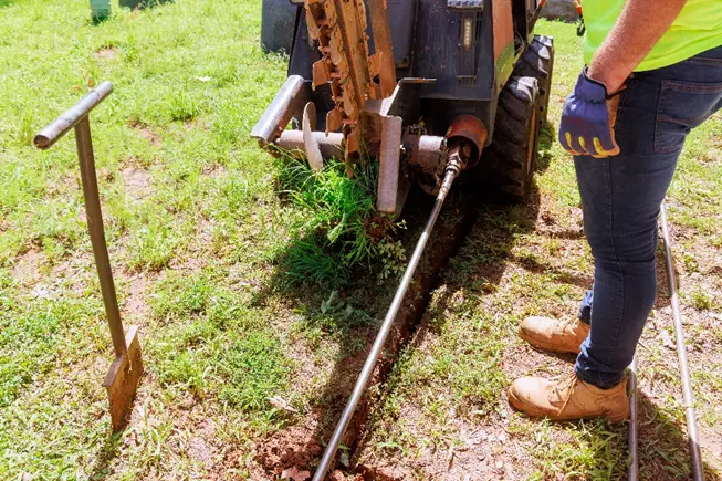 A directional drilling machine digging a trench in a green field. On one side of the machine is a spade, sunk into the ground. On the other, the torso and legs of a construction worker wearing blue jeans, workboots, gloves, and a safety tee