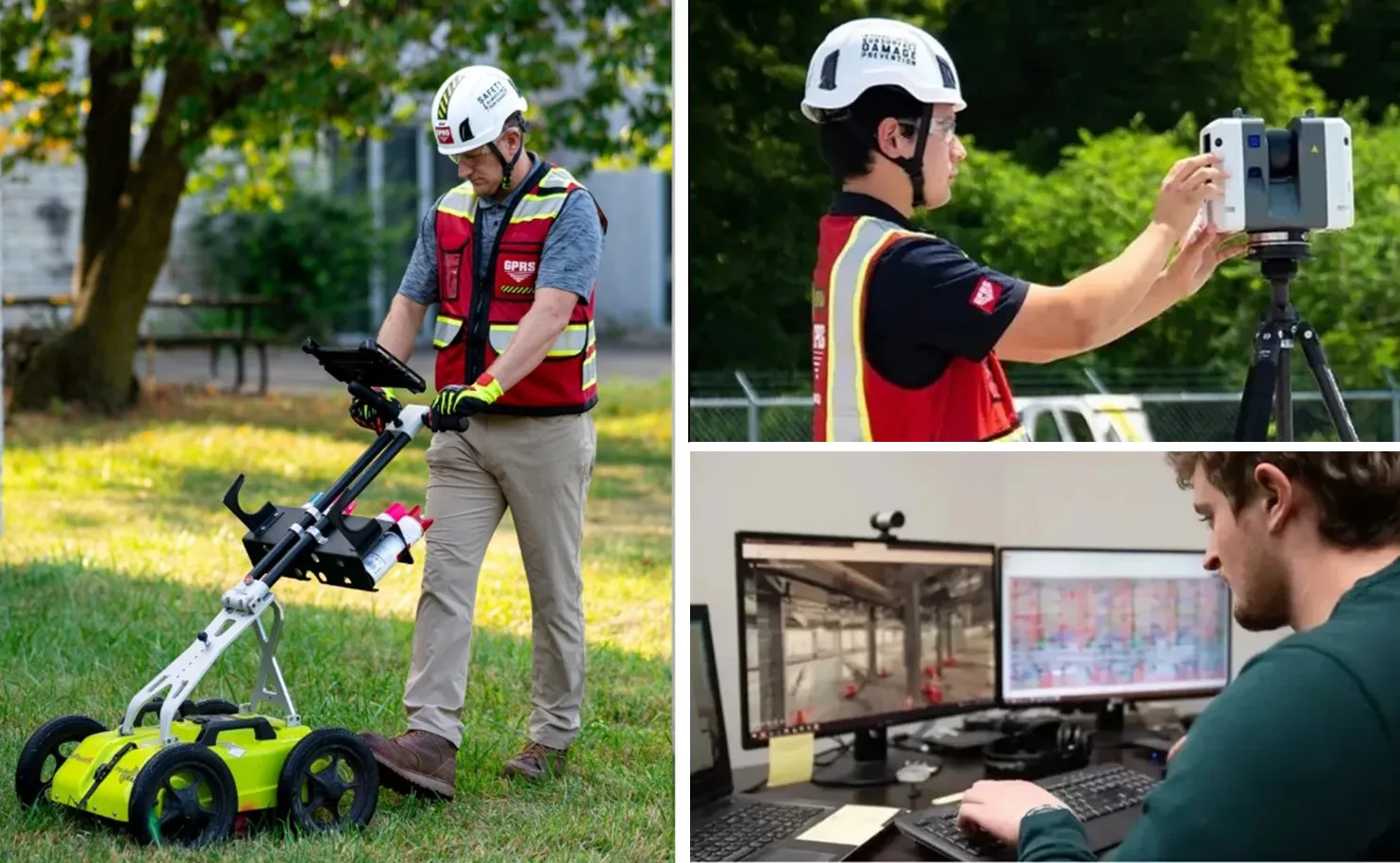 Three images separated by white borders. One larger image on the left and two smaller ones on the right. The image on the right is a GPRS Project Manager wearing a red safety vest and safety helmet while using a GPR push cart to locate underground utilities, The image in the top right is another GPRS Project Manager wearing a red safety vest and helmet using a LiDAR-based laser scanner. The image in the bottom right is a member of GPRS’ Mapping & Modeling Team at their desk with two desktop screens that is analyzing 3D models. 