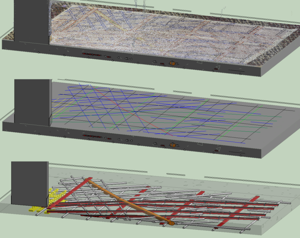 A 3D model on a white background with grey shapes representing a campus of buildings. There are also green and red lines that represent subsurface utilities. 