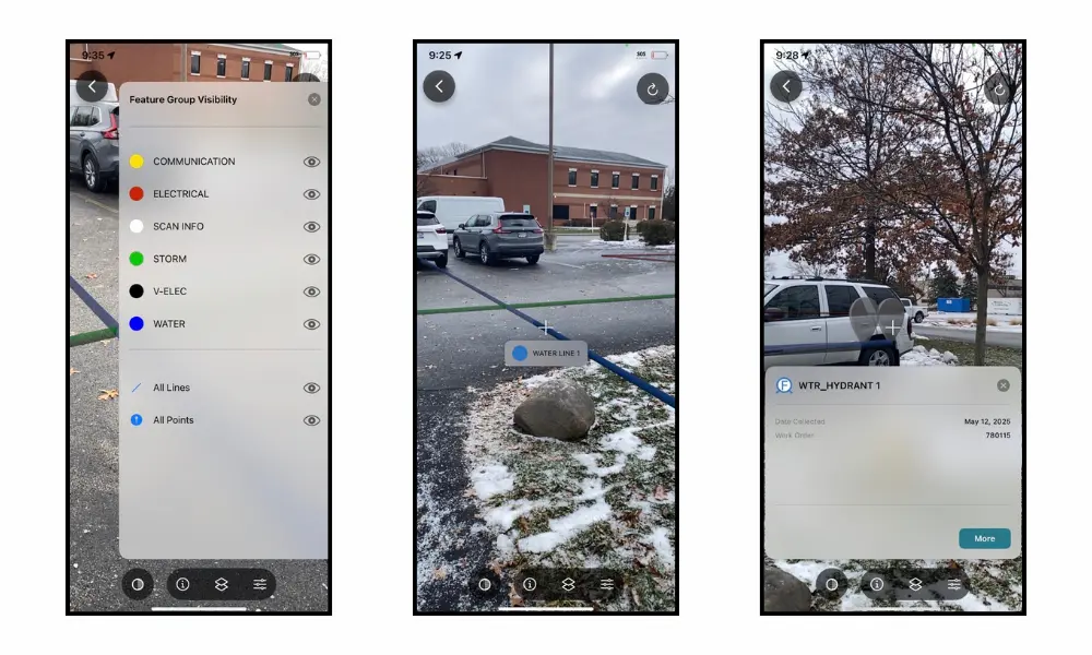 SiteMap augmented reality interface displays underground utility data on a mobile device, showing water lines, hydrants, and feature group visibility for a jobsite.