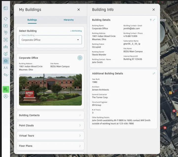 SiteMap’s “My Buildings” showing building information for a corporate office, including address, site name, building contacts, point clouds, virtual tours, and floor plans, alongside detailed building data such as year built, architect, general contractor, and structural engineer.