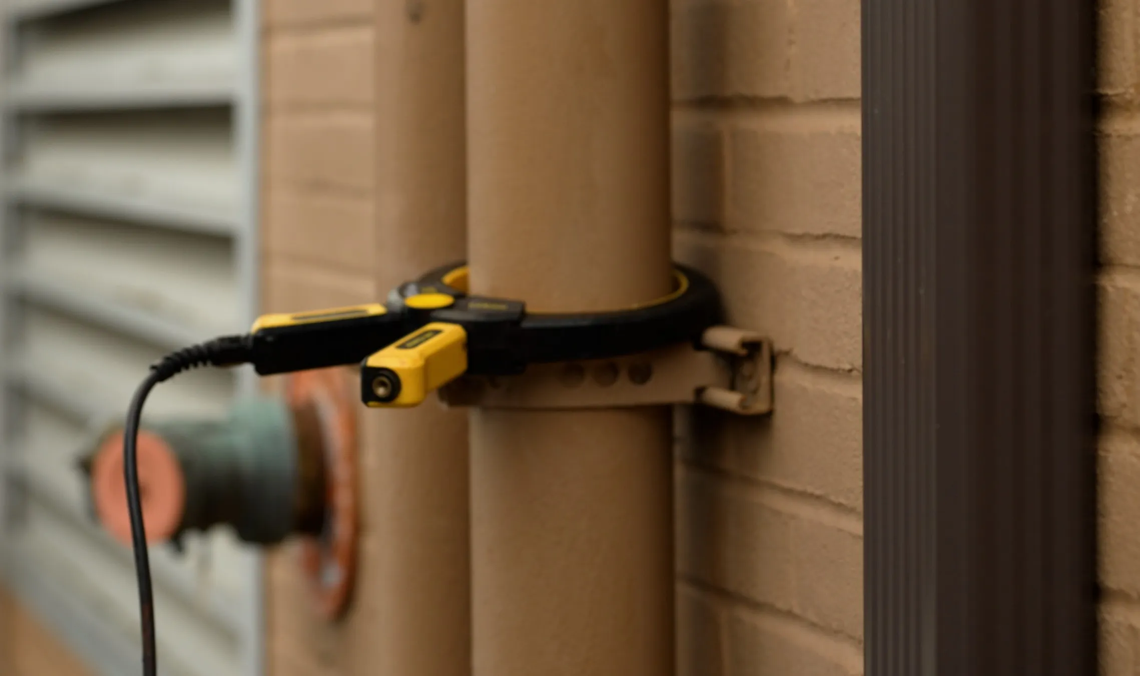 A black and yellow induction clamp wrapped around a brown pipe that is attached to a brown brick building. 