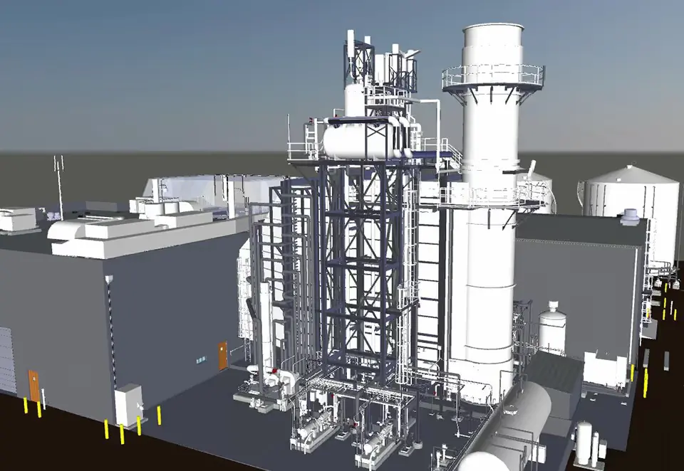 GPRS 3D BIM model of a power plant, featuring a tall central structure with multiple steel frameworks, pipes, and tanks. The scene includes large rectangular buildings on the left, a tall cylindrical tower with a platform on the right, and various equipment, walkways, and piping systems throughout the site.
