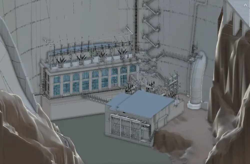 GPRS 3D BIM Model of a hydroelectric dam built into a rocky canyon wall. The image shows a multi‑level structure with rows of large rectangular windows, external pipes, stairways, and metal frameworks. A smaller attached building with a flat roof sits in front of the main structure. The surrounding terrain consists of steep, textured rock faces on both sides.