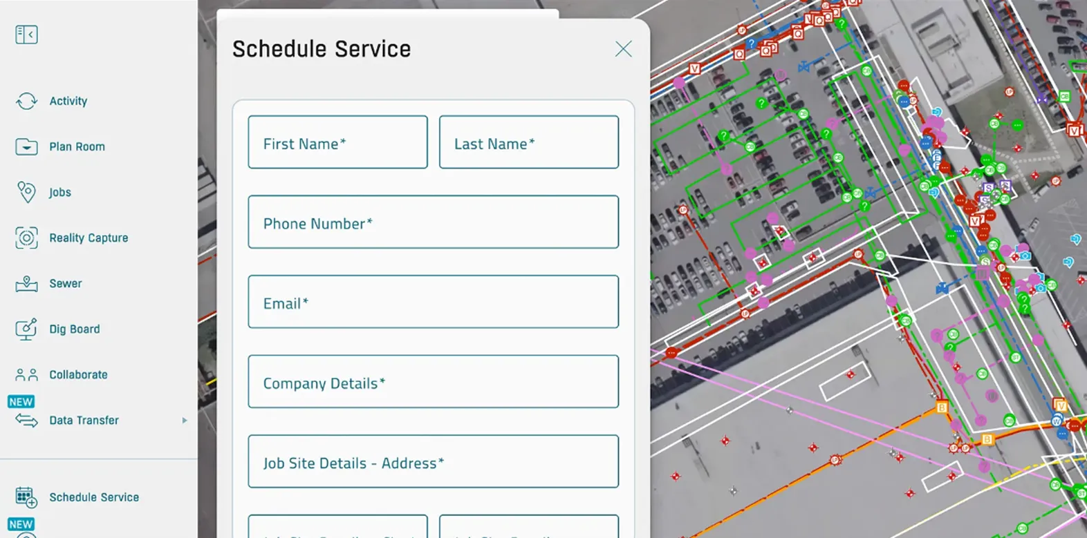 Screenshot of a scheduling interface showing a “Schedule Service” form with fields for contact and job site details alongside a detailed aerial map marked with color coded underground utility lines and symbols.