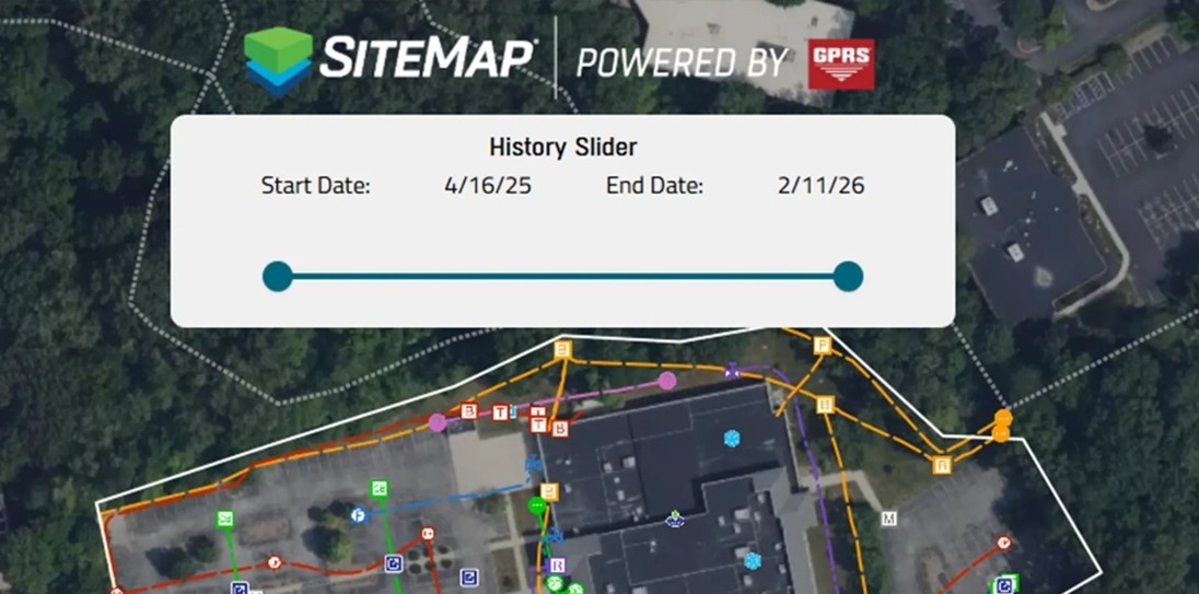 SiteMap interface showing a “History Slider” with start and end dates over an aerial map, displaying color coded underground utility lines and site boundaries.