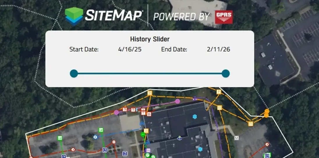 SiteMap interface showing a “History Slider” with start and end dates over an aerial map, displaying color coded underground utility lines and site boundaries.