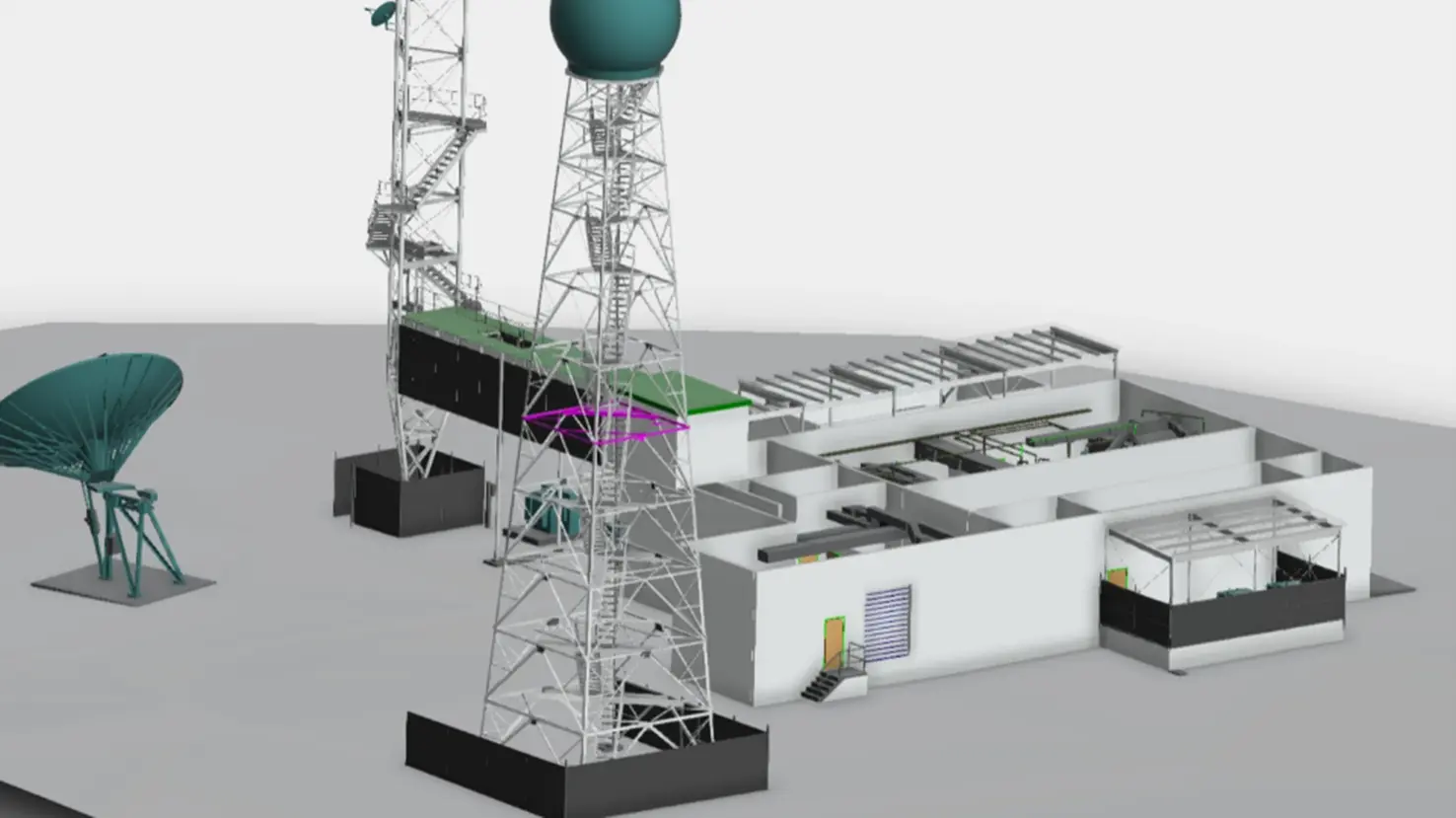 3D BIM model of a telecom compound showing towers, equipment structures, and site layout for design and planning.