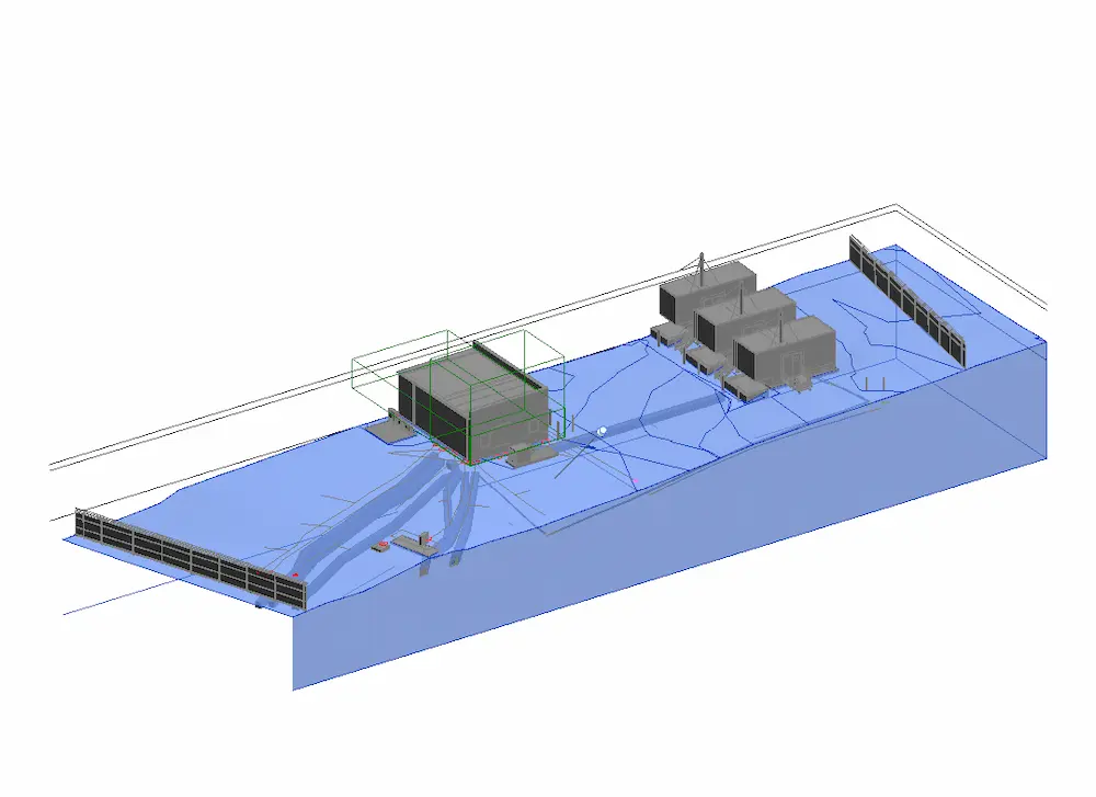 Isometric GPRS 3D BIM model of a site layout with a highlighted structure and utility linework running across the site.