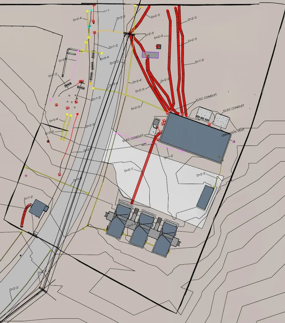 Top-down GPRS 2D CADD drawing of a facility area showing elevation contours, building footprints, access road geometry, and red utility markings.