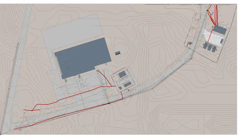 GPRS 2D CADD drawing showing building footprints, access road alignment, contour lines, and red utility markups.