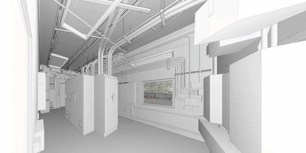 GPRS 3D BIM model of a mechanical room showing conduit runs, panels, and equipment along the walls and ceiling.