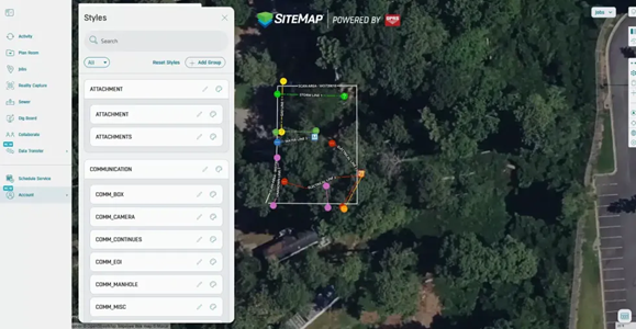A screenshot of a mapping software interface showing an aerial view of a wooded area with colored points and lines marking a site boundary, alongside a left-hand menu labeled “Styles” with options for attachments and communication elements.