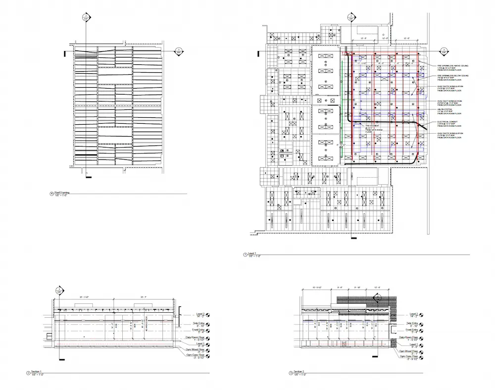 2D CAD as-builts of the Tufts University Data Center, including reflected ceiling plans and sections. 