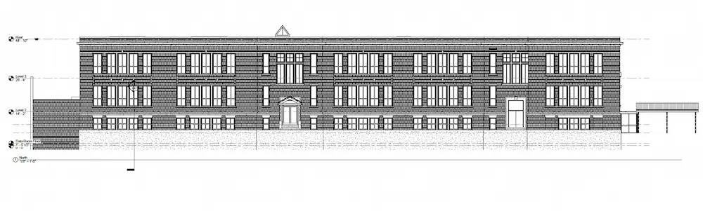 2D CAD elevation drawing of the Tufts University Data Center with a flat roof, evenly spaced vertical windows, central entrance doors, and symmetrical façade detailing.