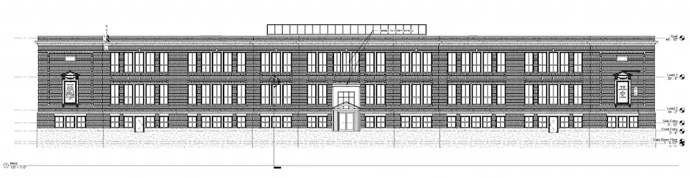 Elevation drawing of the Tufts University Data Center showing a flat roof, three upper levels of evenly spaced windows, basement‑level openings, and a centered main entrance.