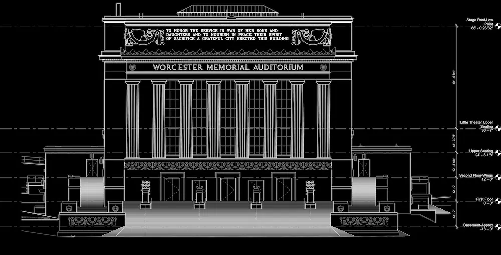 GPRS 2D Exterior Elevation of Worcester Memorial Auditorium.