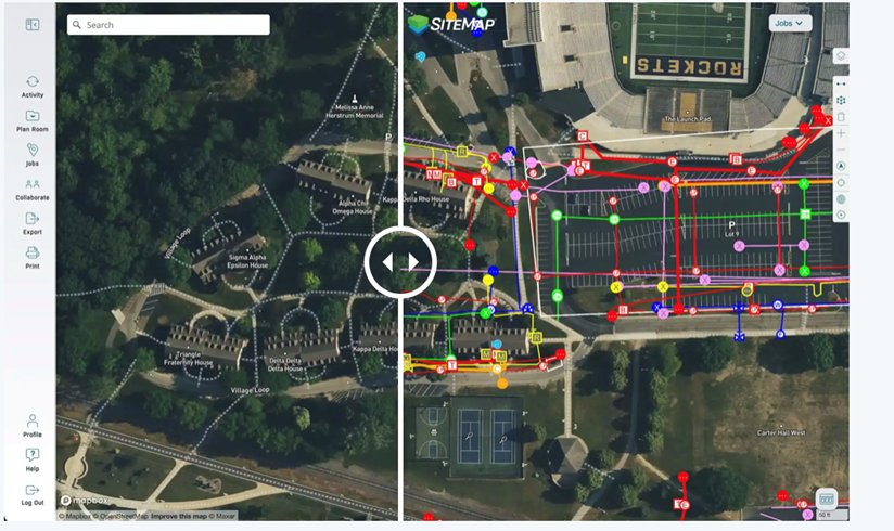 An aerial view of a campus compares before and after images with buried utility digitally marked.