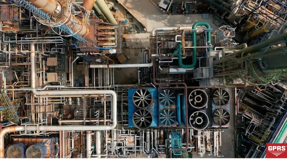 Aerial view of an oil refinery with the GPRS logo in the bottom right corner.