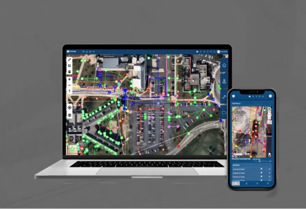 Layered utility maps and BIM overlays on a desktop and mobile device are shown through the SiteMap platform.