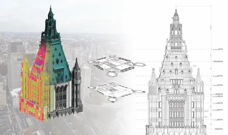 GPRS’ 3D point cloud, 3D BIM model, reflected ceiling plan, floor plan, and exterior elevation of the Pinnacle Penthouse at the Woolworth Building.