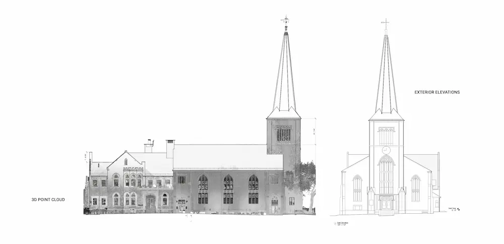 GPRS’ 3D point cloud and exterior elevation of the First Parish Unitarian Universalist Church in Harvard Square, Cambridge.