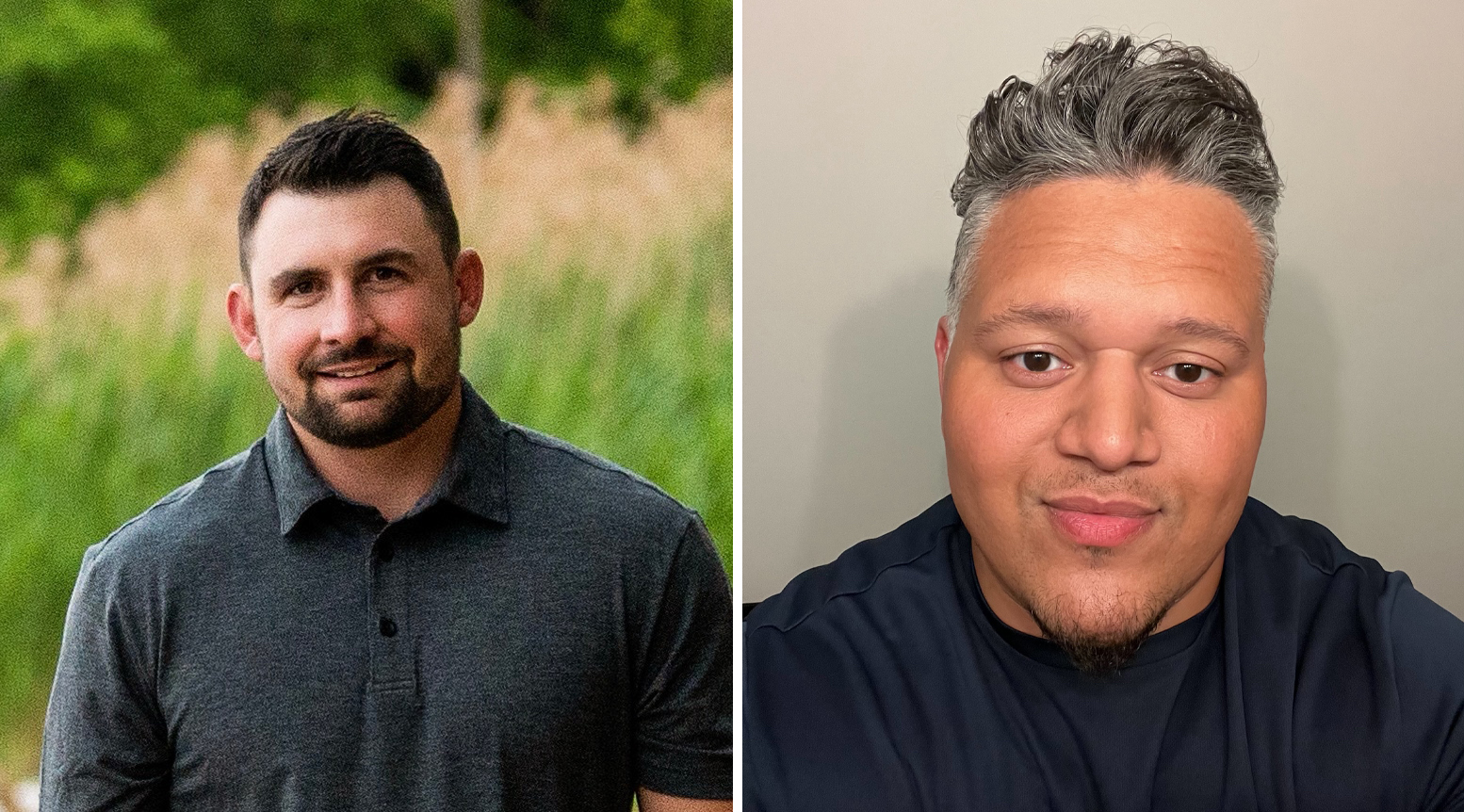 Side-by-side portraits of two GPRS Project Managers in casual clothing. On the left is a person standing outdoors in front of tall grass and greenery, wearing a dark short-sleeve collared shirt. On the right is a person indoors against a plain light-colored background, wearing a dark shirt.