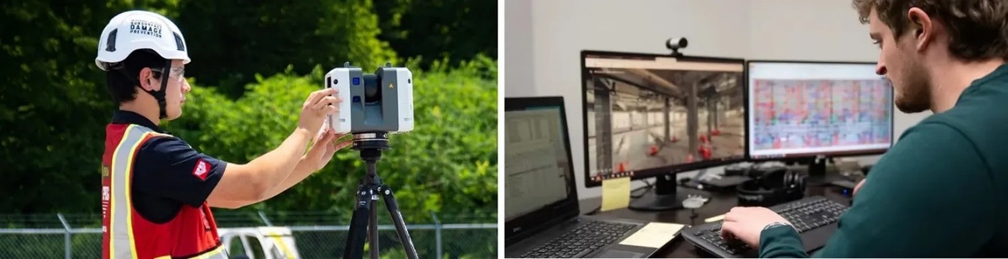 Side-by-side images showing digital documentation and analysis workflows. On the left, a construction worker wearing a hard hat and high-visibility safety vest operates a tripod-mounted 3D laser scanner at an outdoor site with greenery in the background. On the right, a person works at a desk using multiple computer monitors displaying building interior scans and technical data, illustrating the processing and analysis of captured site information.