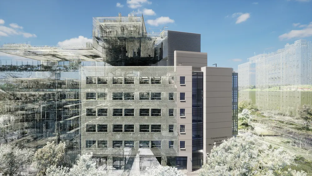 GPRS exterior 3D point cloud and BIM model of the Columbia University Russ Berrie Medical Science Pavilion.