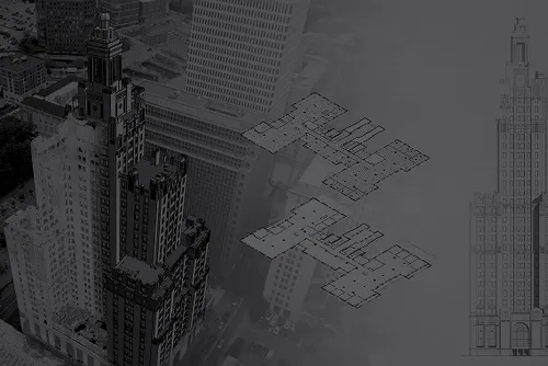 A black and white photo of a city with a building that has a 3D model of the building on it. - GPRS