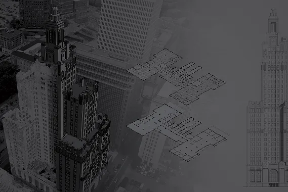 A black and white photo of a city with a building that has a 3D model of the building on it. - GPRS