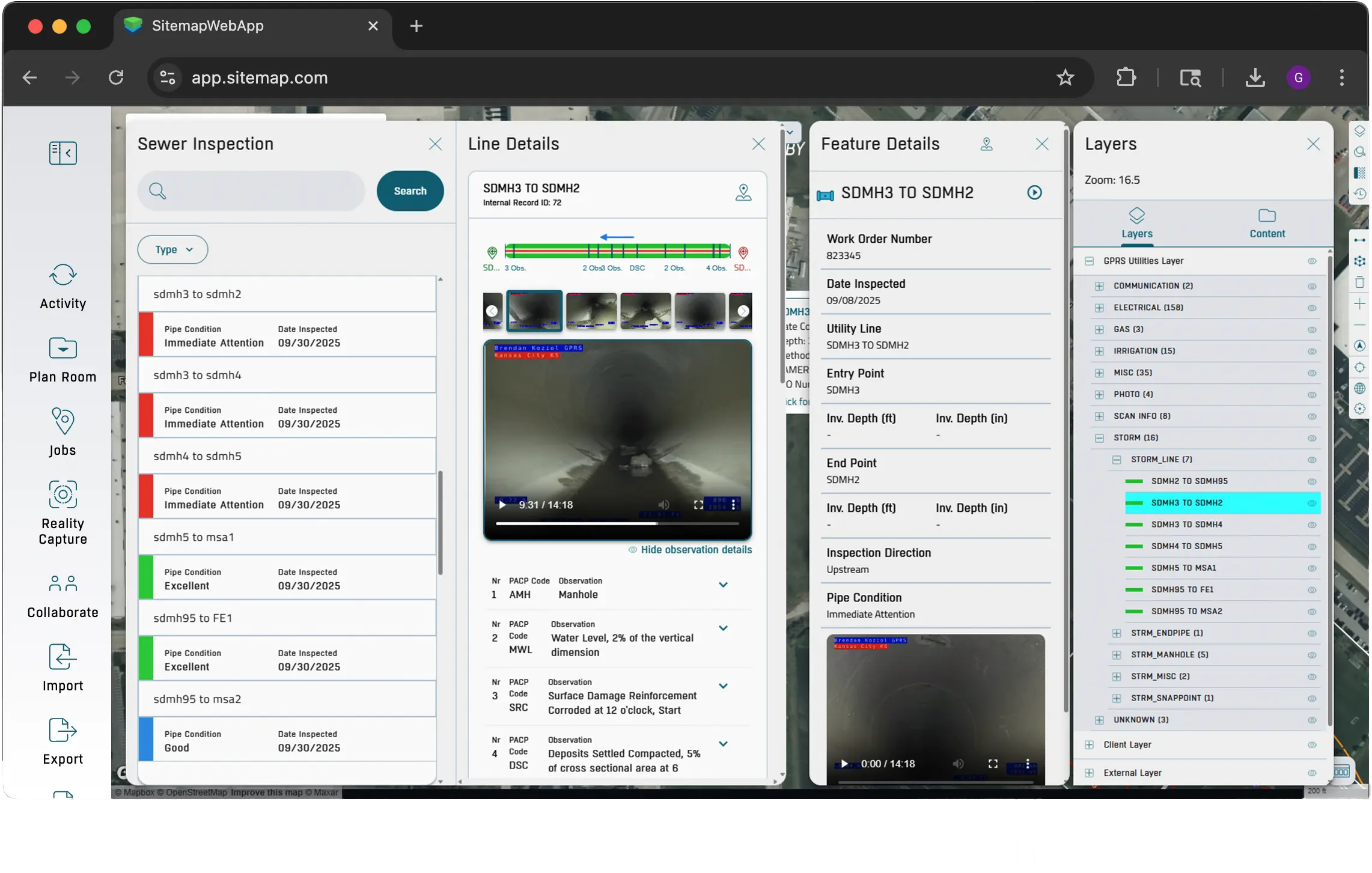 Mapping software interface displaying a satellite view of a wooded area with colored utility lines, alongside a panel showing editable line style options.
