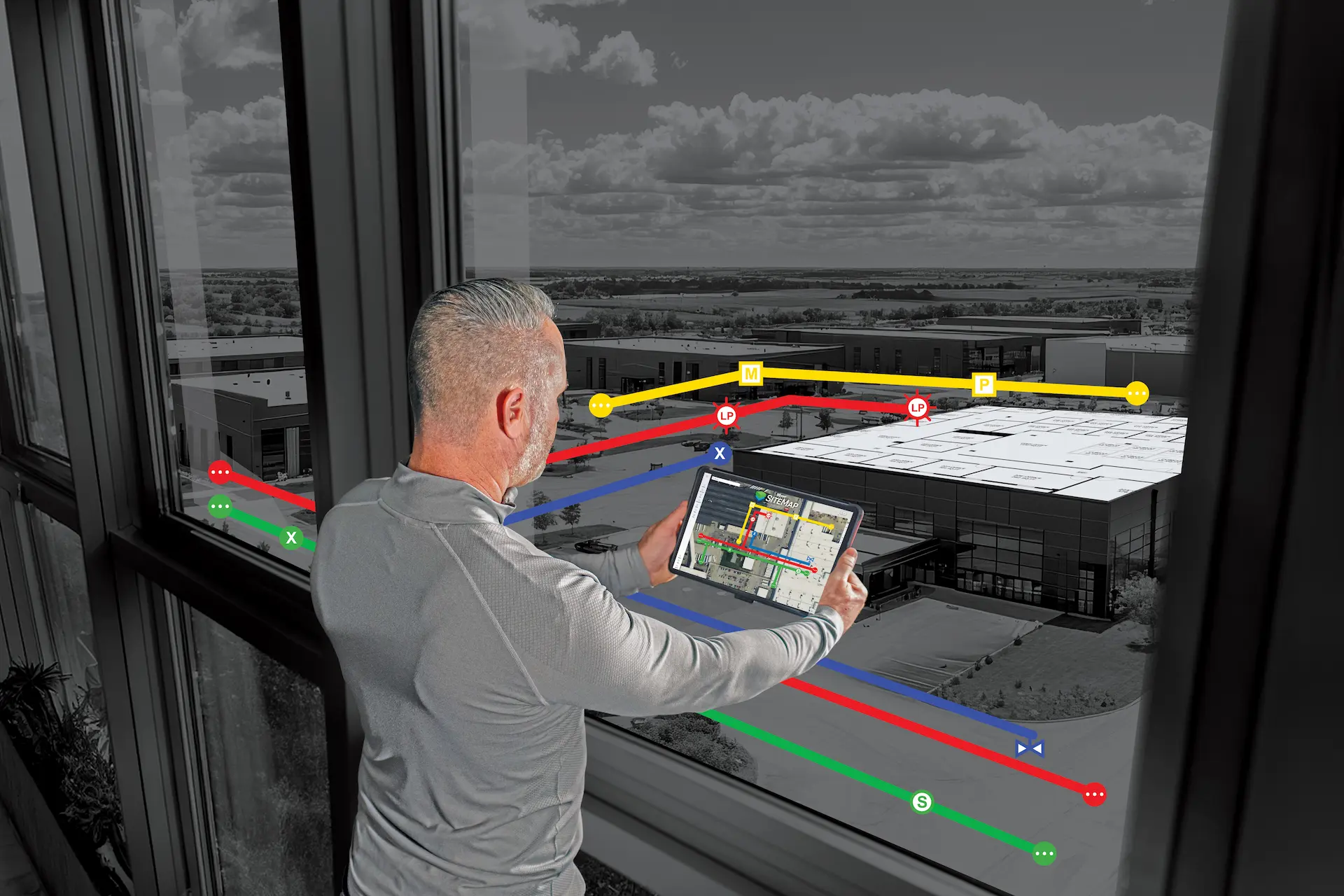 A man holding a tablet with SiteMap data displayed while looking out a window, with infrastructure data illustrated over the campus below. 