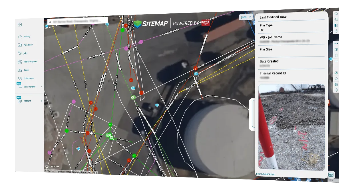 Map-based interface showing aerial view with overlaid utility lines and icons, and a sidebar displaying file metadata and a ground photo of a marked construction area.