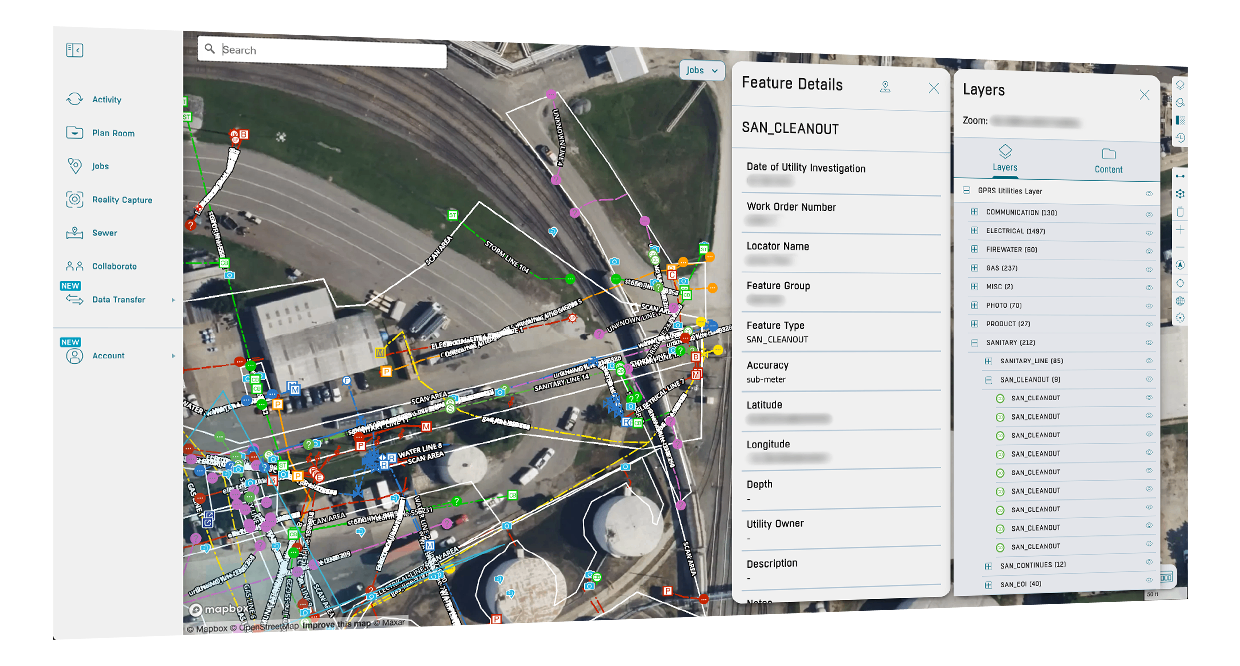 A digital map interface showing detailed utility lines and infrastructure with multiple color-coded layers and feature details for SAN_CLEANOUT, alongside a sidebar menu with options like Jobs and Account.