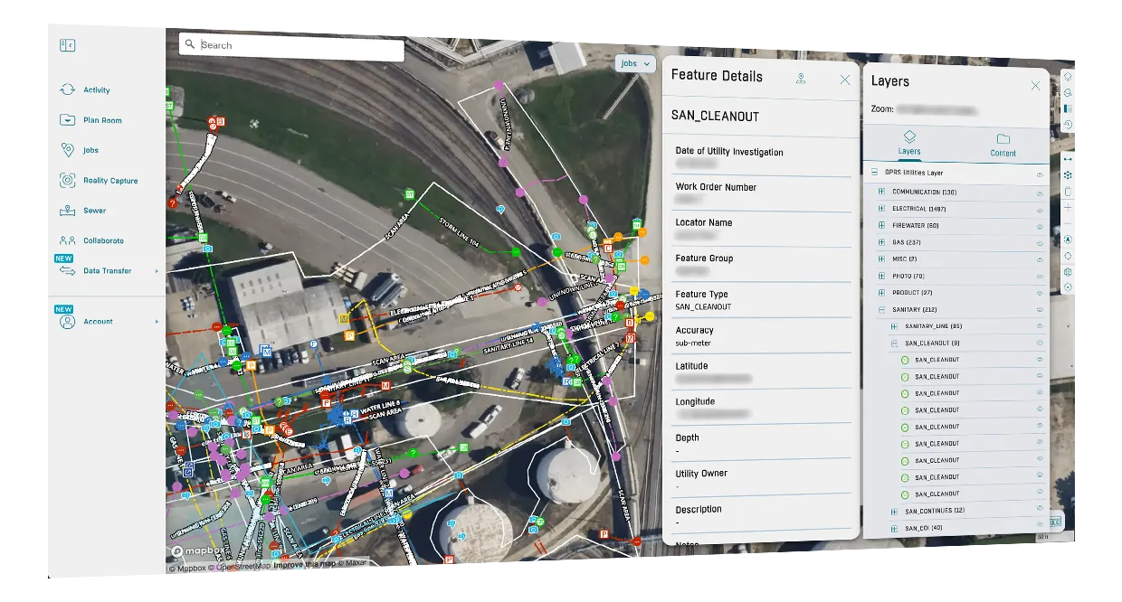 A digital map interface showing detailed utility lines and infrastructure with multiple color-coded layers and feature details for SAN_CLEANOUT, alongside a sidebar menu with options like Jobs and Account.