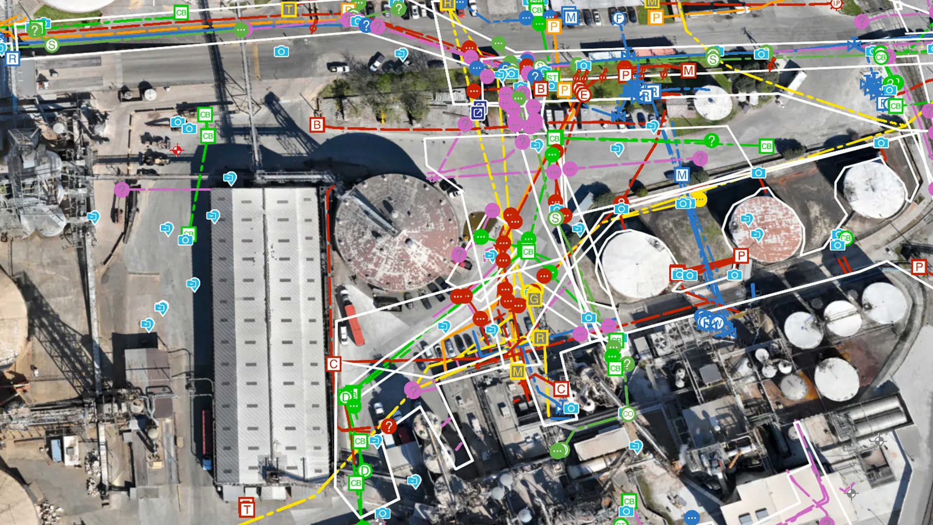 Mapping software interface displaying a satellite view of a wooded area with colored utility lines, alongside a panel showing editable line style options.