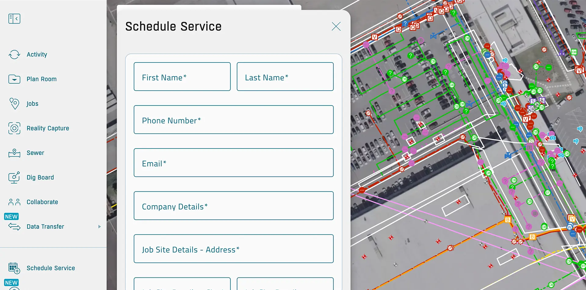 A form titled “Schedule Service” appears over a detailed utility map showing colored lines and symbols. The form includes fields for name, phone, email, company details, and job site address.