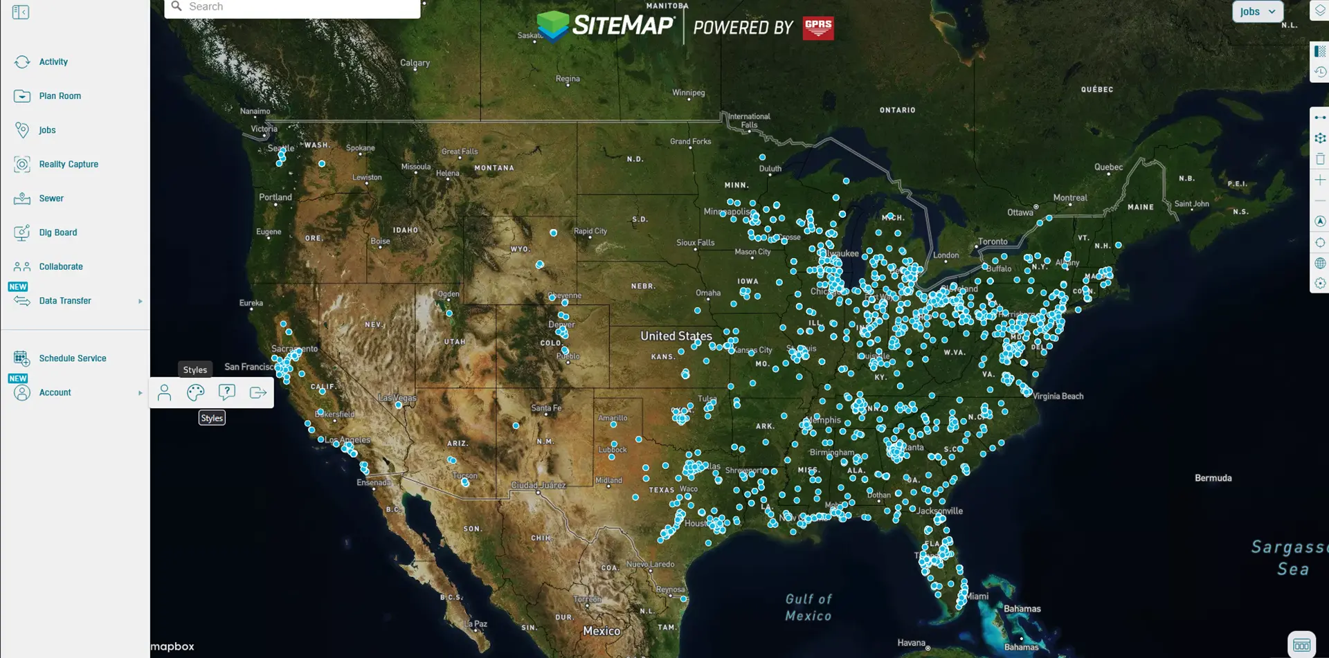 Map of the United States with numerous blue points marking locations. A sidebar from the mapping platform is visible on the left.
