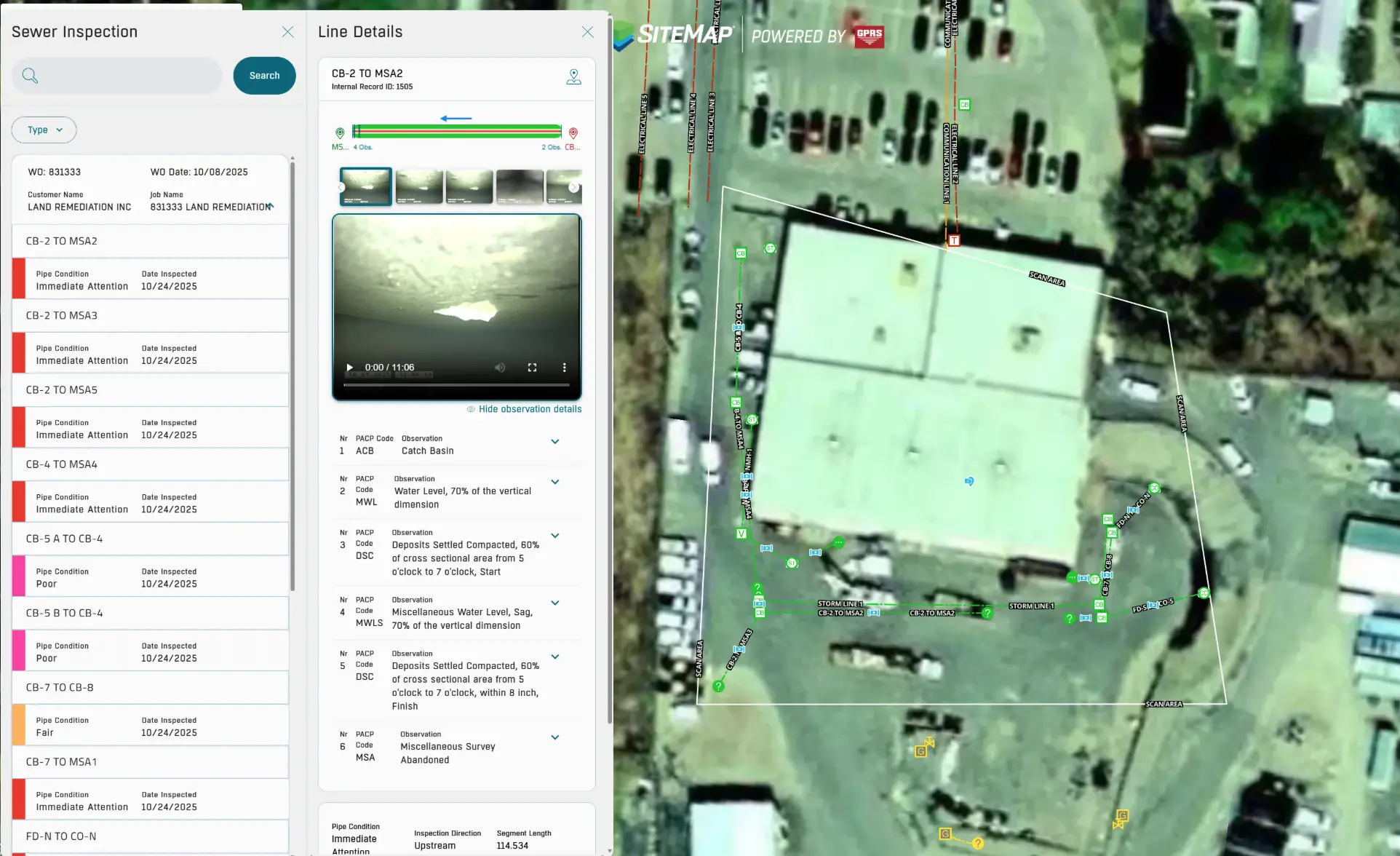 Satellite view of a building and parking lot with inspection line details and sewer inspection video overlay on the left side of the screen.