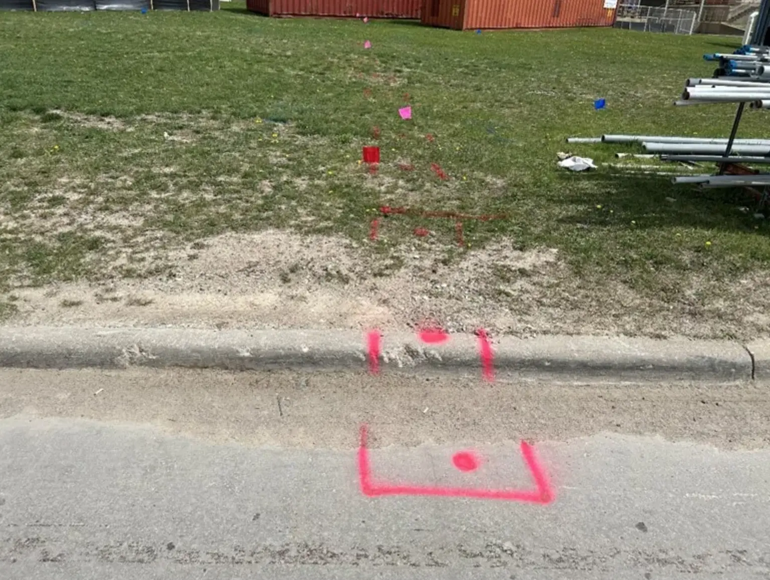Pink spray paint markings on a curb and grass indicate survey or construction points, with small pink flags placed in a line across the lawn.