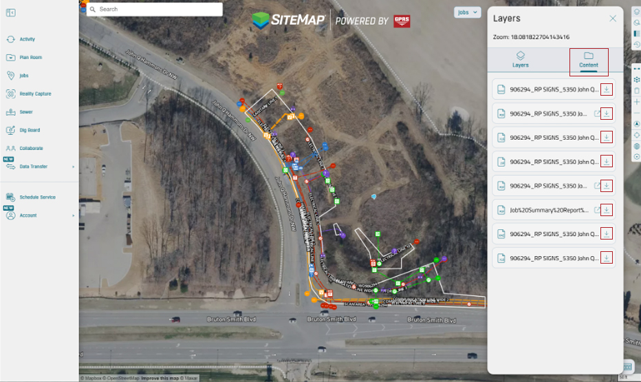 SiteMap Platform with content and the download buttons being highlighted.